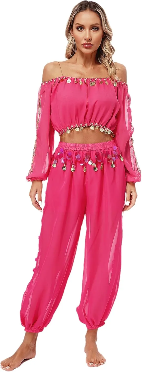 Women's 2Pcs Belly Dancer Costumes Crop Top Harem Pants with Built-in Shorts for Dress Up