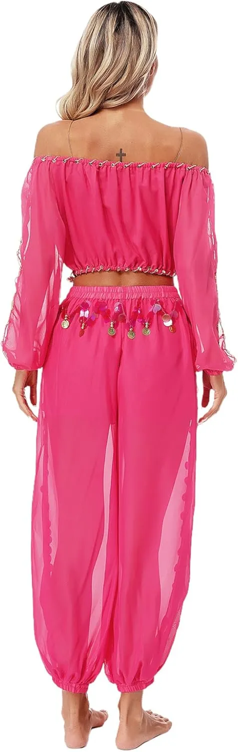 Women's 2Pcs Belly Dancer Costumes Crop Top Harem Pants with Built-in Shorts for Dress Up