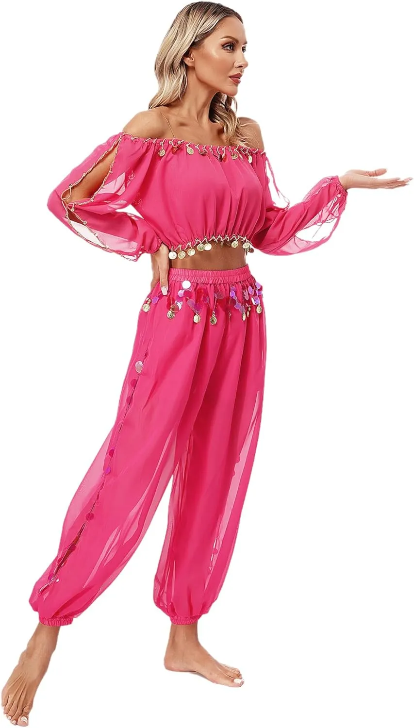 Women's 2Pcs Belly Dancer Costumes Crop Top Harem Pants with Built-in Shorts for Dress Up