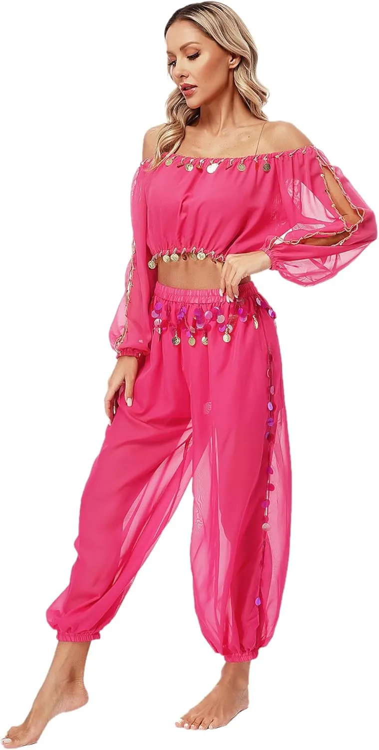 Women's 2Pcs Belly Dancer Costumes Crop Top Harem Pants with Built-in Shorts for Dress Up