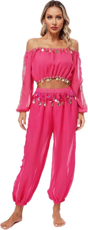Women's 2Pcs Belly Dancer Costumes Crop Top Harem Pants with Built-in Shorts for Dress Up
