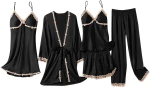 Womens 5 Piece Pajamas Set Sexy Lace Trim Pjs with Robe Pj Pants Set Cute Sleepwear for Spring Summer Loungewear