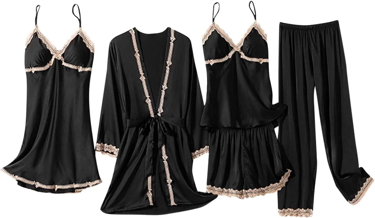 Womens 5 Piece Pajamas Set Sexy Lace Trim Pjs with Robe Pj Pants Set Cute Sleepwear for Spring Summer Loungewear