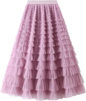 Women's A Line Pleated Skirt Long Tutu Skirt Ruffle Mesh Vintage Calf Length Chiffon High Waist Long Western