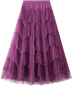 Women's A Line Tulle Party Dinner Tutu Skirt Brown Stretchy High Waisted Flared Skirt Girls Dark Skirt