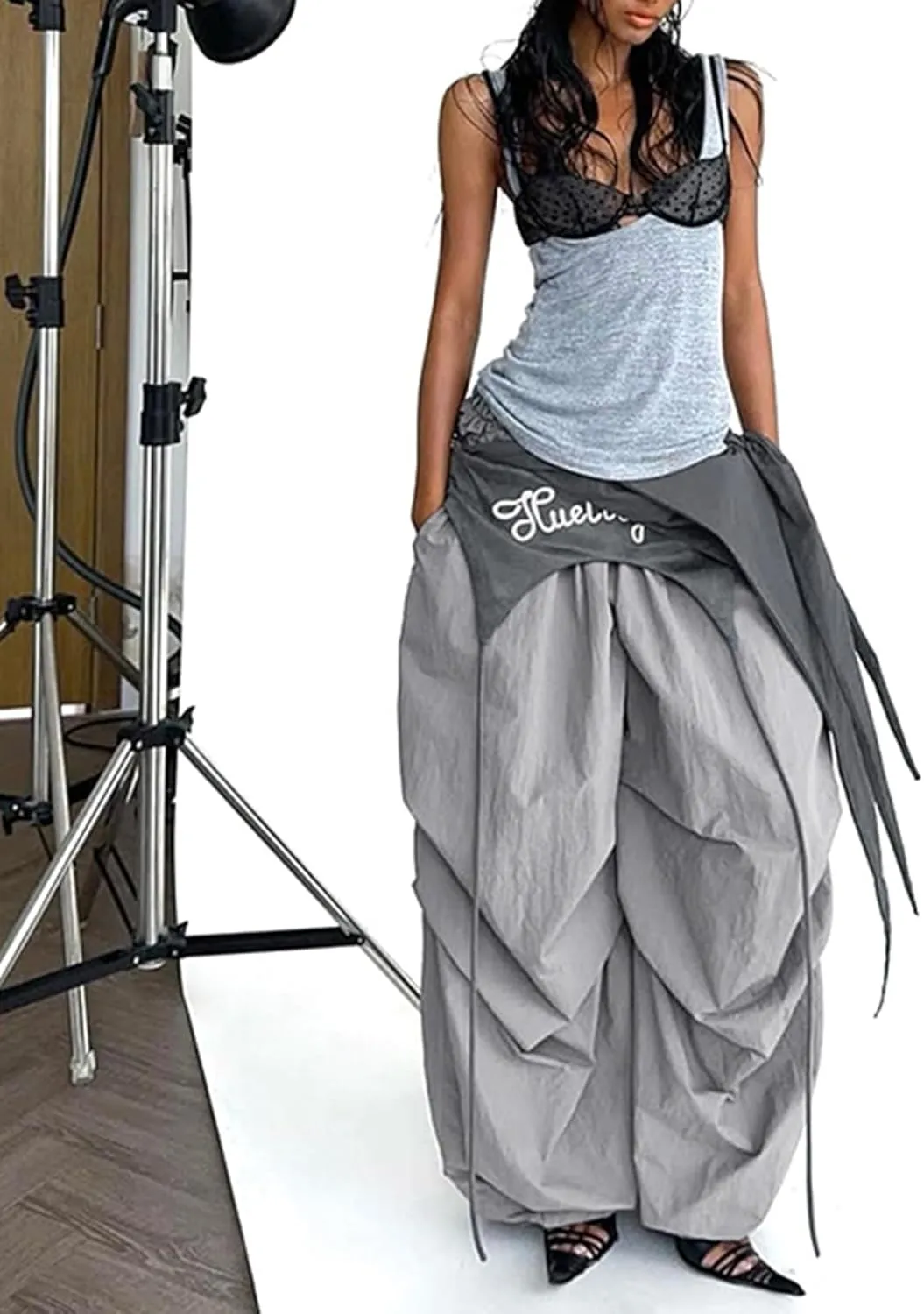 Women's Baggy Cargo Pants Elastic High Waist Trendy Wide Leg Trousers Loose Fit Y2K Hip Hop Streetwear