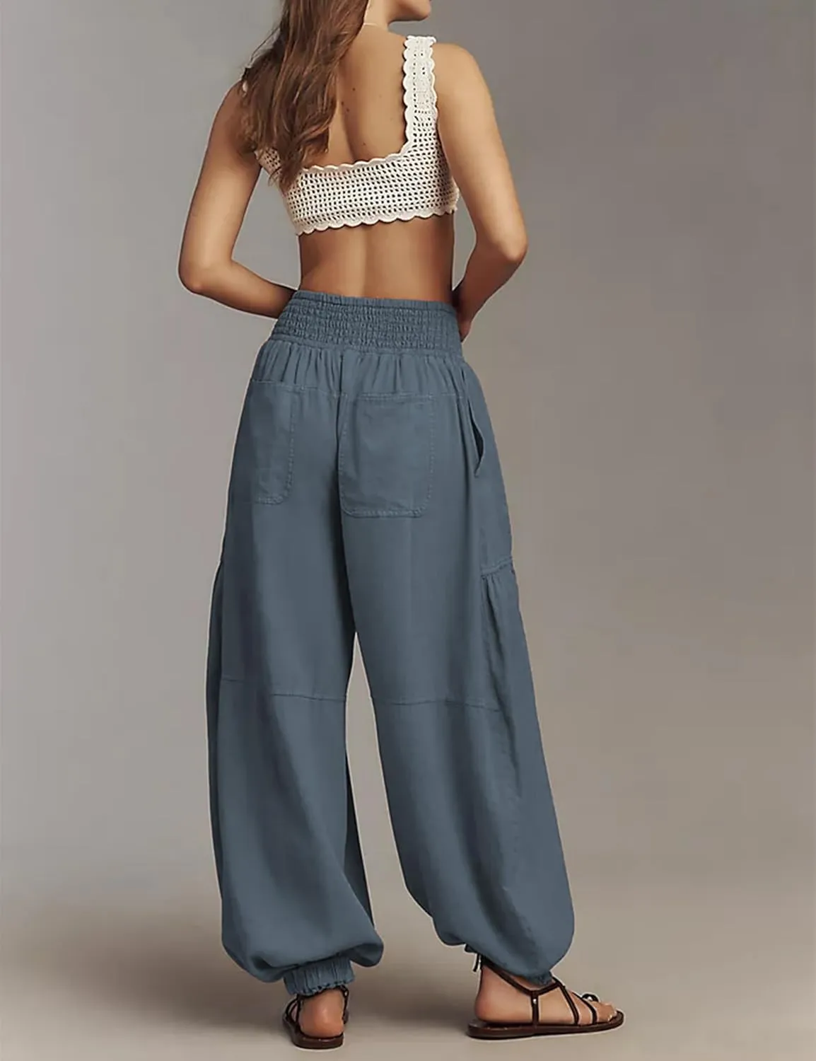 Womens Baggy Wide Leg Pants Casual Elastic Waist and Ankles Bohemian Palazzo Harem Pants with Pockets