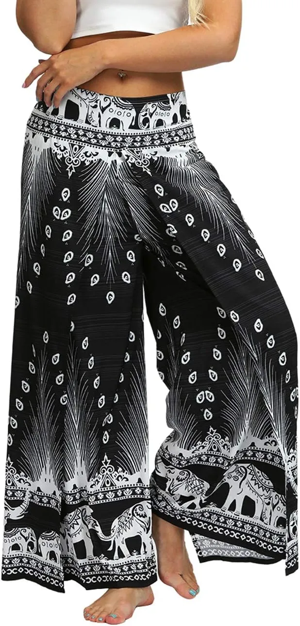 Women's Bohemian Yoga Pant Palazzo Slit Wide Leg High Waist Hippie Trousers Flowy Pants