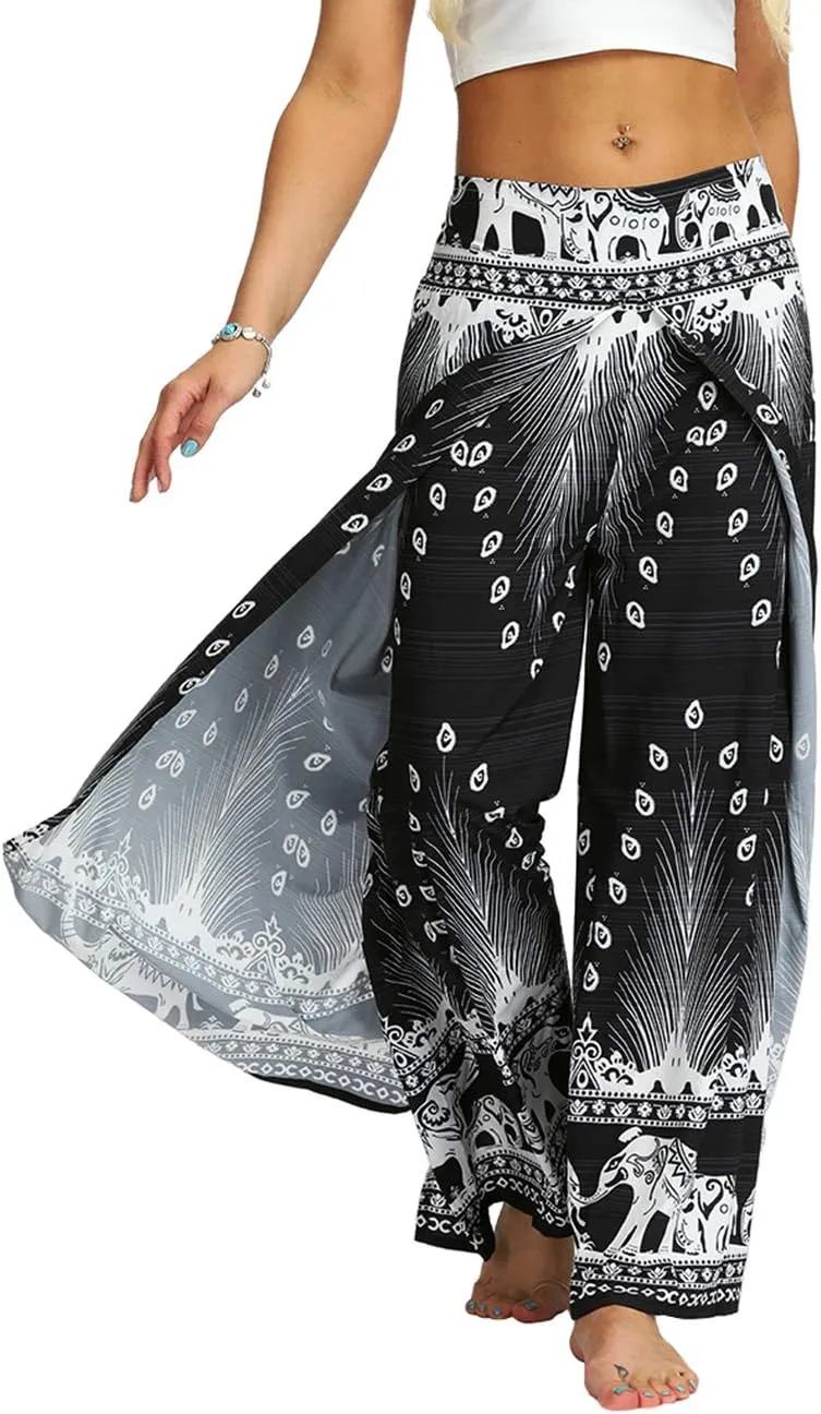 Women's Bohemian Yoga Pant Palazzo Slit Wide Leg High Waist Hippie Trousers Flowy Pants
