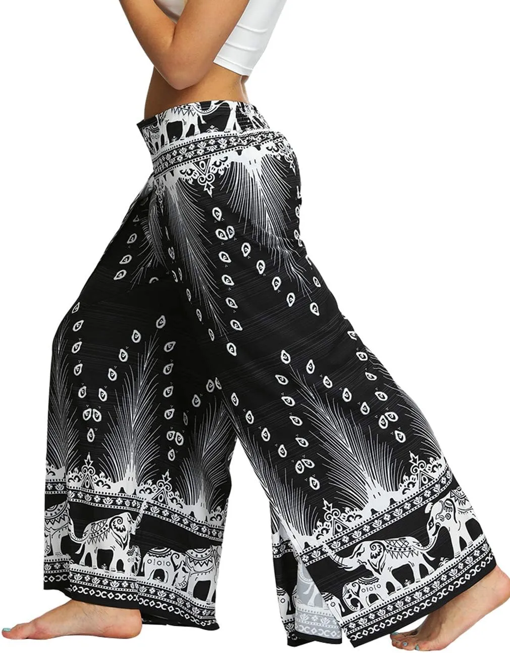 Women's Bohemian Yoga Pant Palazzo Slit Wide Leg High Waist Hippie Trousers Flowy Pants
