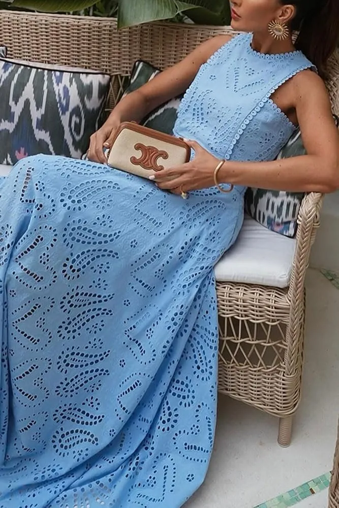 Womens Boho Eyelet Maxi Skirts Lace Flowy A-Line Summer Beach Long Skirts Elegant Outfits