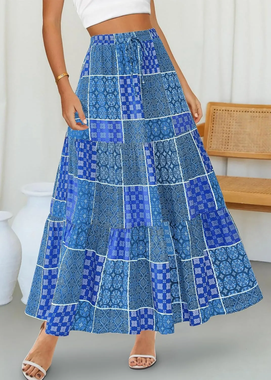 Womens Boho Floral Maxi Skirts Summer Pleated Long Skirt Flowy High Waisted A Line Skirt Casual Beach