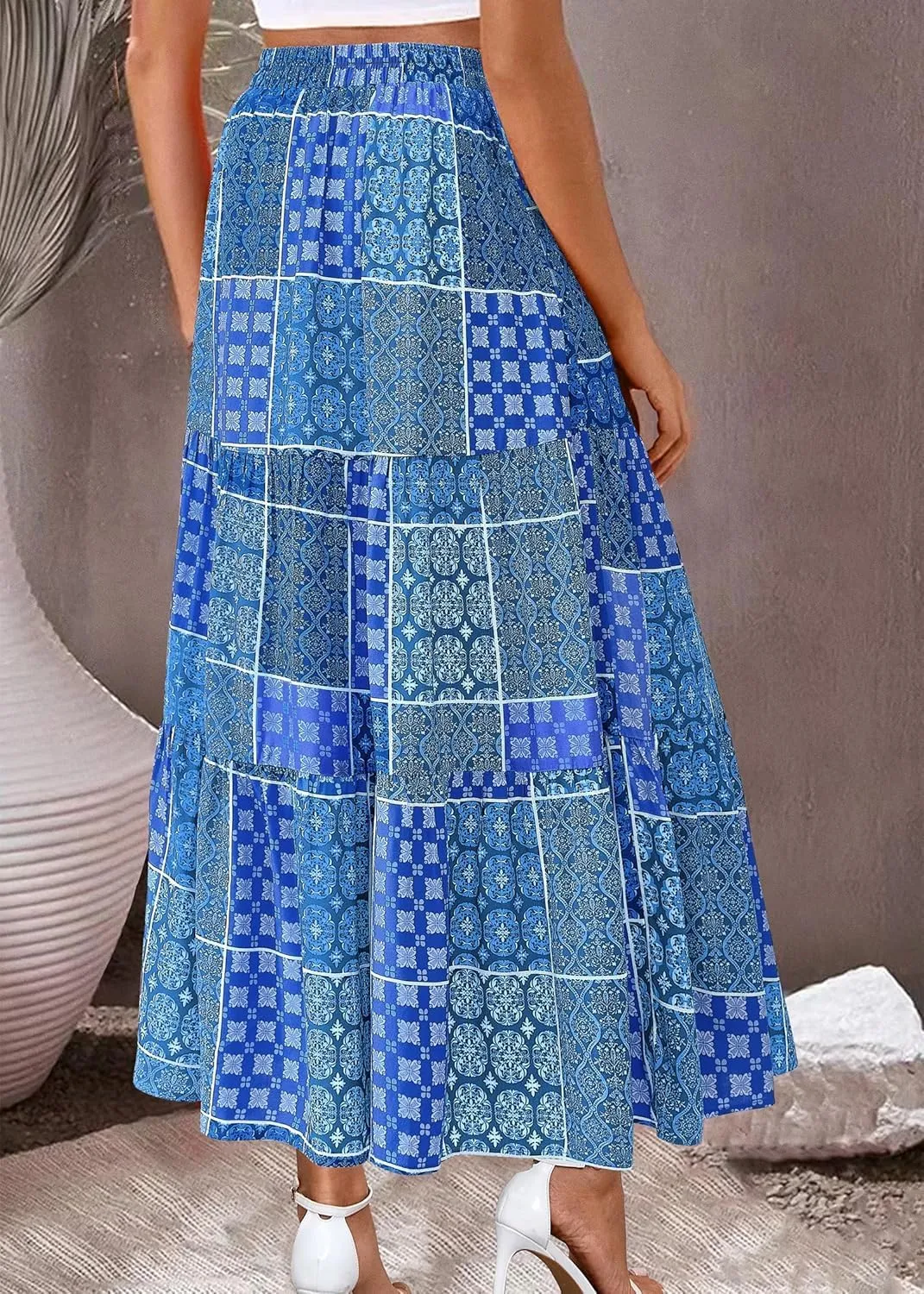 Womens Boho Floral Maxi Skirts Summer Pleated Long Skirt Flowy High Waisted A Line Skirt Casual Beach