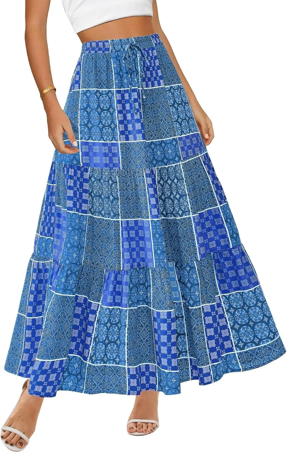 Womens Boho Floral Maxi Skirts Summer Pleated Long Skirt Flowy High Waisted A Line Skirt Casual Beach