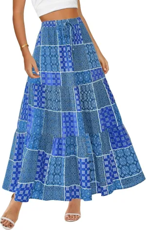 Womens Boho Floral Maxi Skirts Summer Pleated Long Skirt Flowy High Waisted A Line Skirt Casual Beach