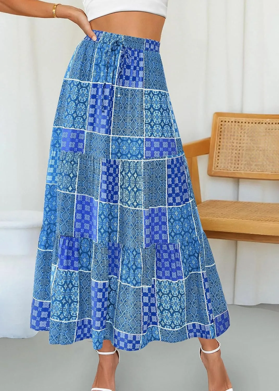 Womens Boho Floral Maxi Skirts Summer Pleated Long Skirt Flowy High Waisted A Line Skirt Casual Beach