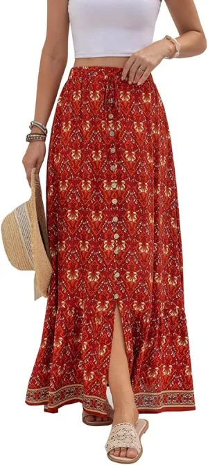 Women's Boho Maxi Skirt Vintage Floral Print Elastic High Waist Split A Line Long Skirts