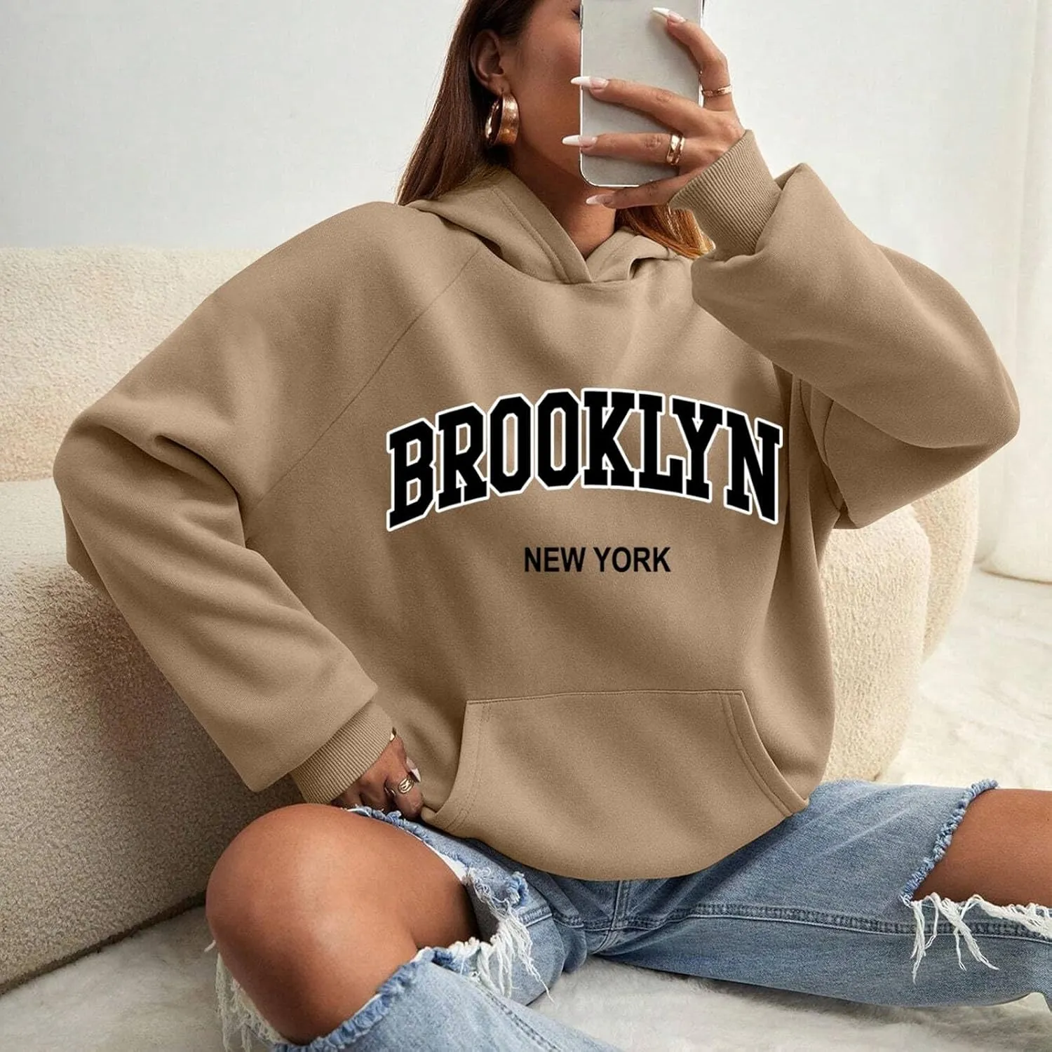 Womens Brooklyn Hoodies Trendy Y2K Oversized Sweatshirt New York Crewneck Long Sleeve Pullover Tops With Pockets