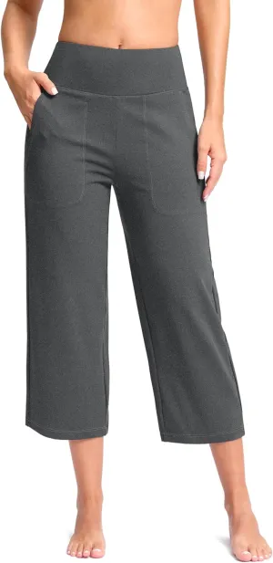 Women's Capri Pants with Pockets High Waist Yoga Pants Wide Leg Workout Crop Summer Pants for Casual, Travel, Exercise