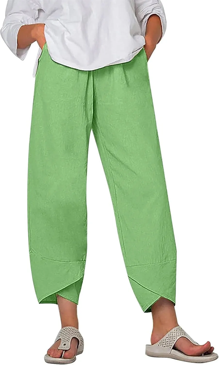 Womens Capris Pants Cotton Linen Boho Printed Cropped Baggy Trousers Summer Pallazzo Lounge Pants with Pockets