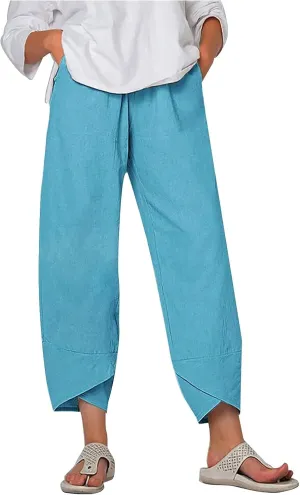 Womens Capris Pants Cotton Linen Boho Printed Cropped Baggy Trousers Summer Pallazzo Lounge Pants with Pockets