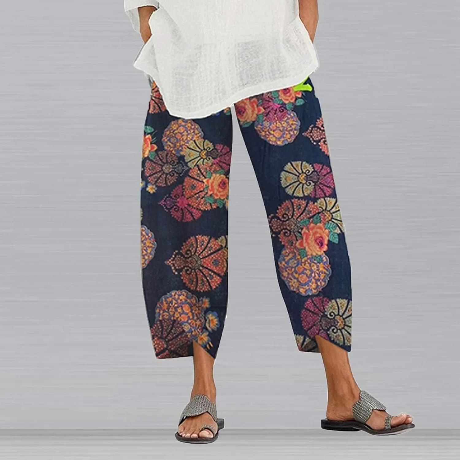 Womens Capris Pants Cotton Linen Boho Printed Cropped Baggy Trousers Summer Pallazzo Lounge Pants with Pockets