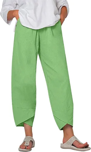 Womens Capris Pants Cotton Linen Boho Printed Cropped Baggy Trousers Summer Pallazzo Lounge Pants with Pockets