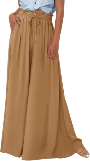 Women's Casual Boho Linen Pants Summer 2024 Floral Print Palazzo Trousers Women High Waist Wide Leg Pants with Pockets, Large, #A7-brown