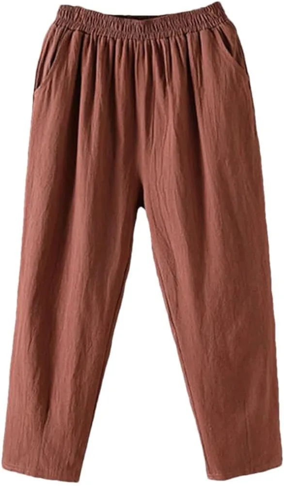 Women's Casual Cotton Linen Harem Pants Loose Solid Elastic Waist Ankle-Length Pants