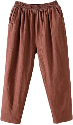 Women's Casual Cotton Linen Harem Pants Loose Solid Elastic Waist Ankle-Length Pants
