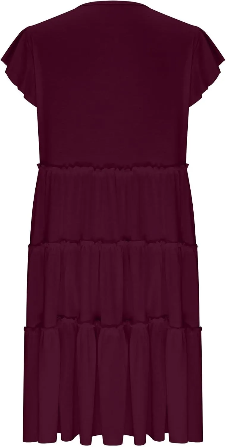 Women's Casual Dress Short Sleeve Crewneck Loose Flowy Tiered Beach Dress Summer Ruffle Sleeve Swing Mini Dresses