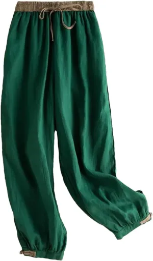 Women's Casual High Waist Nine-Point Pants Solid Color Loose Drawstring Harem Pants