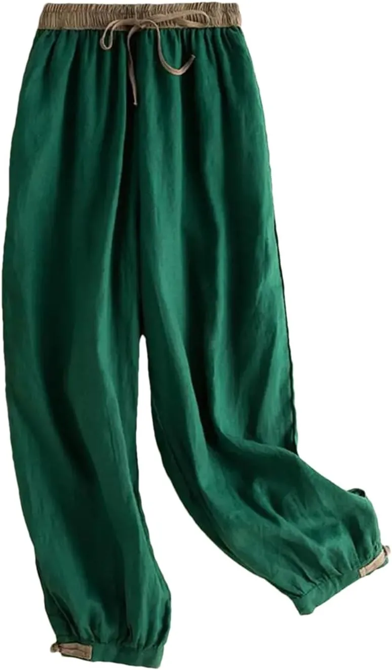 Women's Casual High Waist Nine-Point Pants Solid Color Loose Drawstring Harem Pants