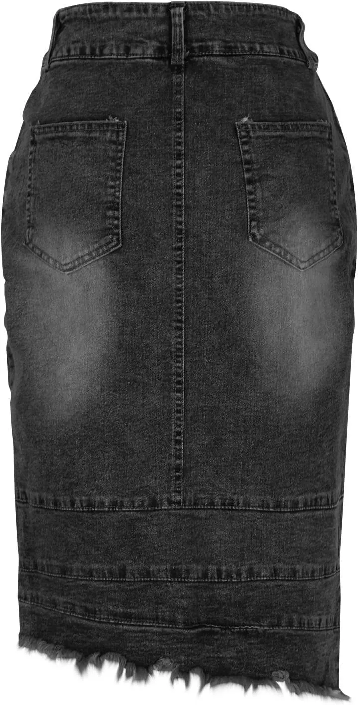 Women's Casual High Waisted Denim Skirts Stretch Knee Length Slim Fit Pencil Jean Skirt Wrap Bodycon Dress