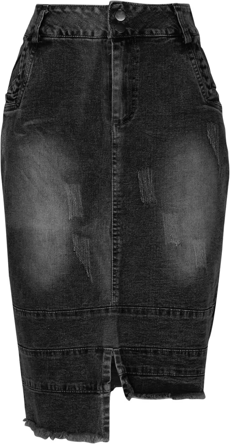 Women's Casual High Waisted Denim Skirts Stretch Knee Length Slim Fit Pencil Jean Skirt Wrap Bodycon Dress