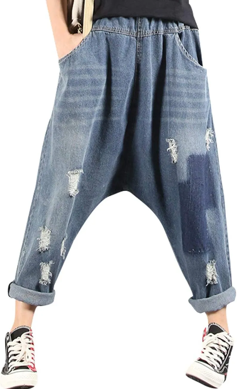 Women's Casual Hip Hop Drop Crotch Harem Jeans Denim Pants Trousers