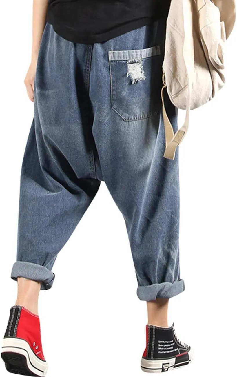 Women's Casual Hip Hop Drop Crotch Harem Jeans Denim Pants Trousers