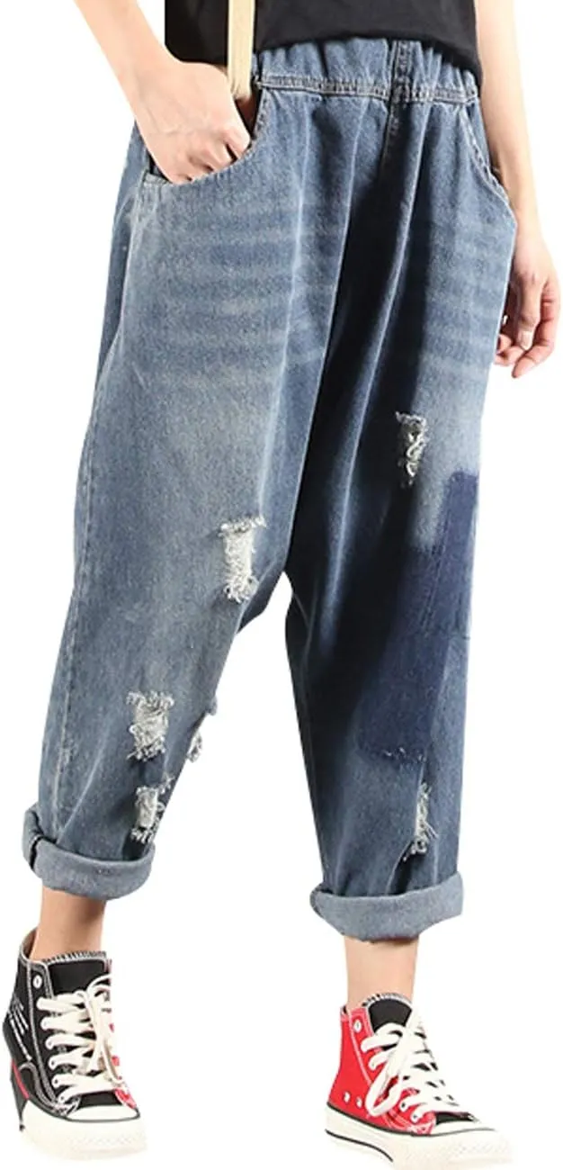 Women's Casual Hip Hop Drop Crotch Harem Jeans Denim Pants Trousers