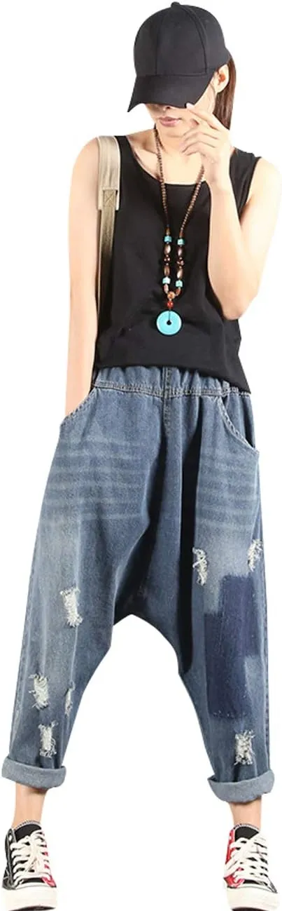 Women's Casual Hip Hop Drop Crotch Harem Jeans Denim Pants Trousers