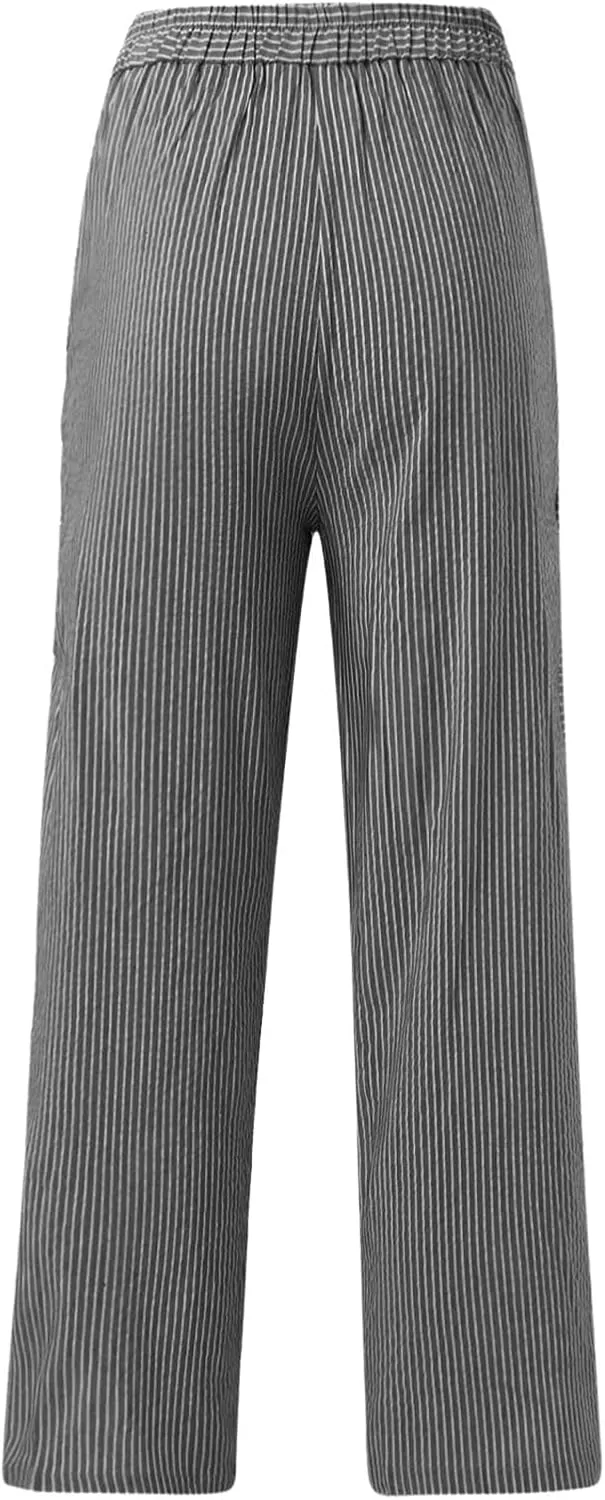 Women's Casual Pants Fashion Striped Patchwork Loose Casual High Waist Pocket Elastic Waist Ankle Length Trousers