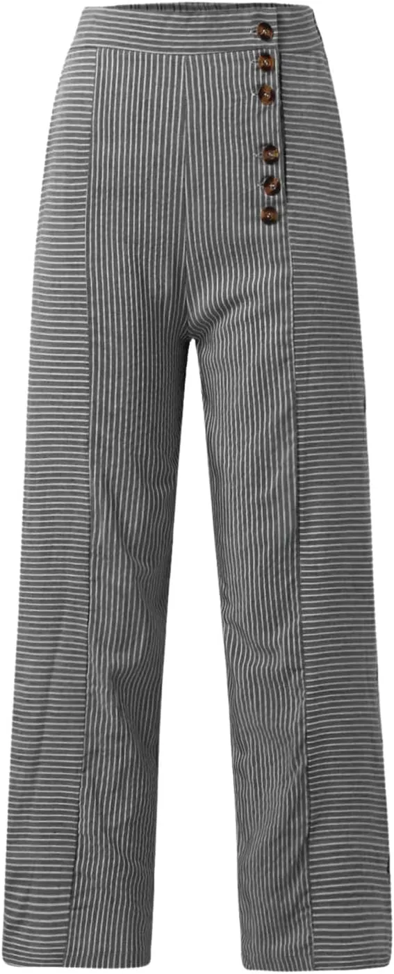 Women's Casual Pants Fashion Striped Patchwork Loose Casual High Waist Pocket Elastic Waist Ankle Length Trousers