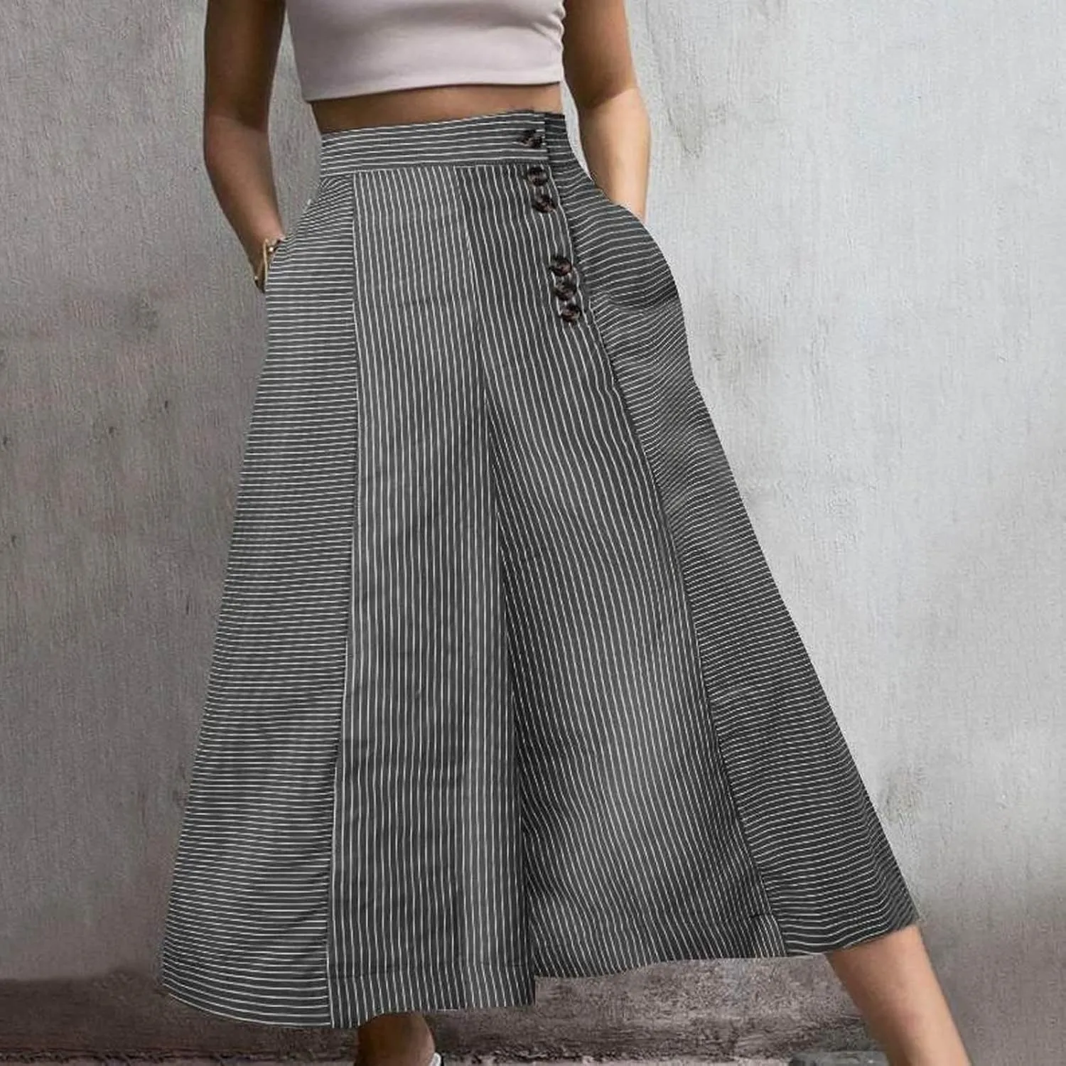Women's Casual Pants Fashion Striped Patchwork Loose Casual High Waist Pocket Elastic Waist Ankle Length Trousers