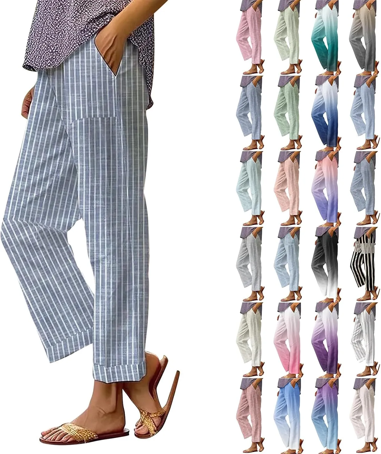 Women's Casual Stripe Cotton Linen Pants Elastic High Waist Straight Leg Pant Summer Boho Capris Beach Trousers with Pockets