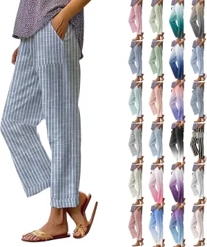 Women's Casual Stripe Cotton Linen Pants Elastic High Waist Straight Leg Pant Summer Boho Capris Beach Trousers with Pockets