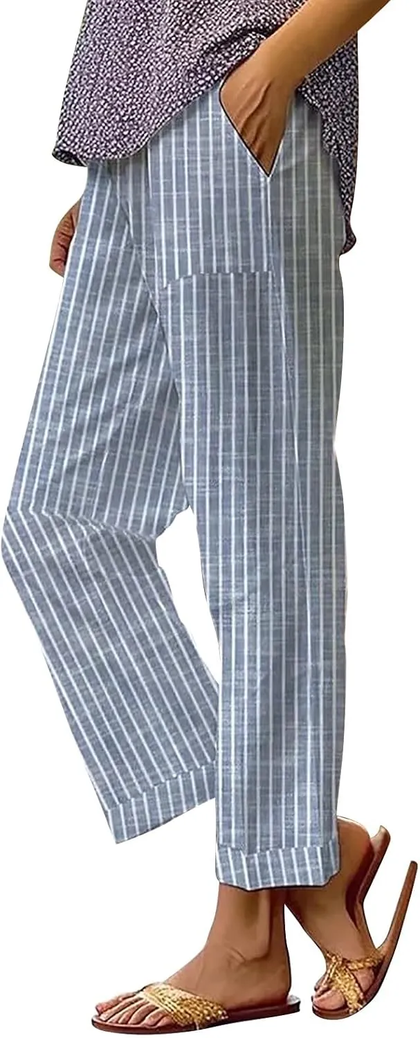 Women's Casual Stripe Cotton Linen Pants Elastic High Waist Straight Leg Pant Summer Boho Capris Beach Trousers with Pockets