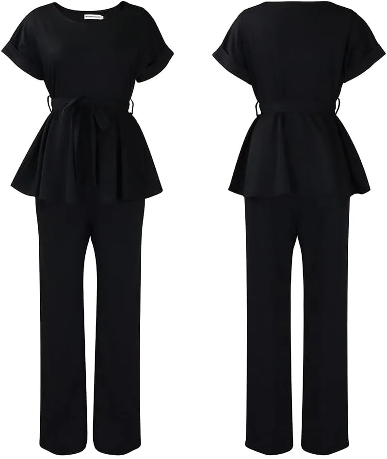 Women's Casual Two-Piece Outfits Pant Sets Solid Color Short Sleeve Self-tie At Waist High Waist Wide Leg Trousers