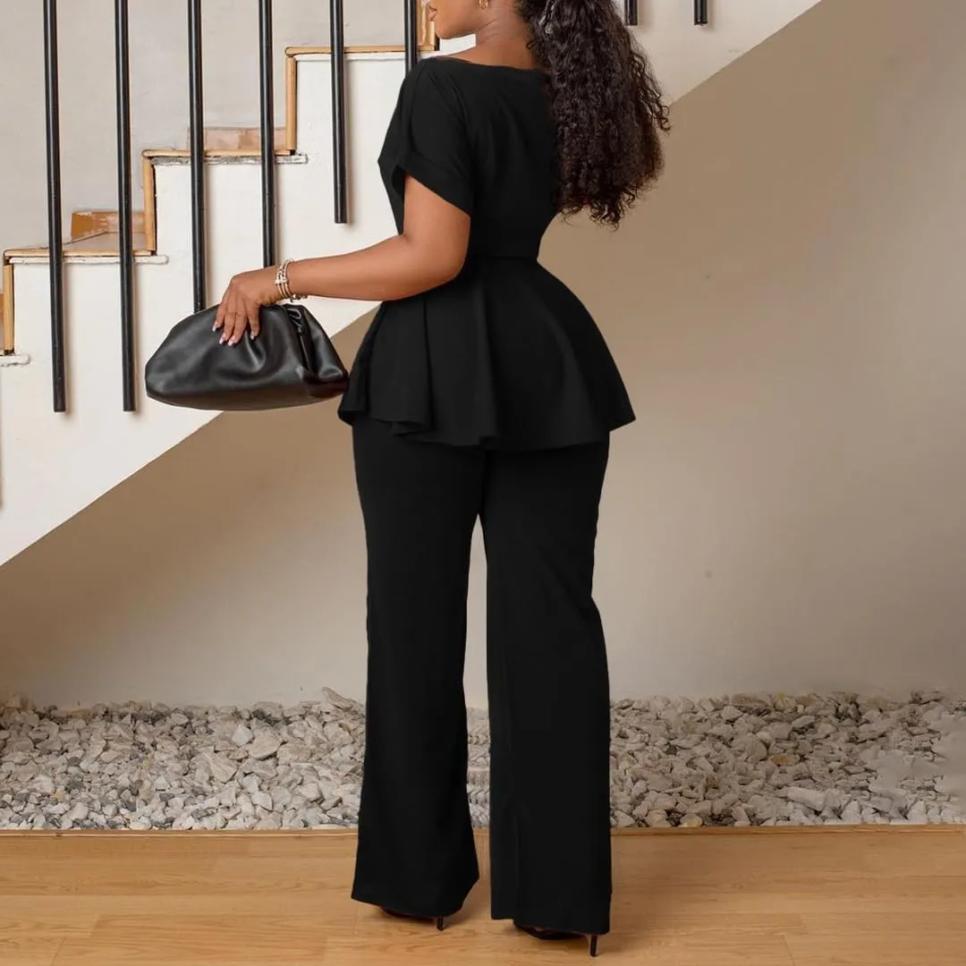 Women's Casual Two-Piece Outfits Pant Sets Solid Color Short Sleeve Self-tie At Waist High Waist Wide Leg Trousers
