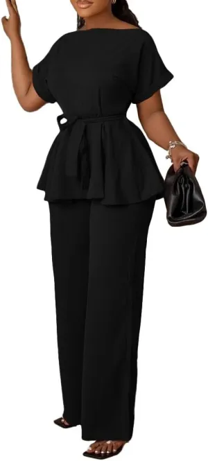 Women's Casual Two-Piece Outfits Pant Sets Solid Color Short Sleeve Self-tie At Waist High Waist Wide Leg Trousers