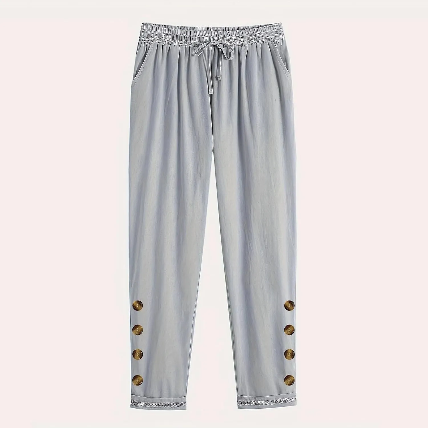 Womens Causal Loose Linen Pants Drawstring Elastic Waist Tapered Pants Button Solid Casual Trousers with Pockets