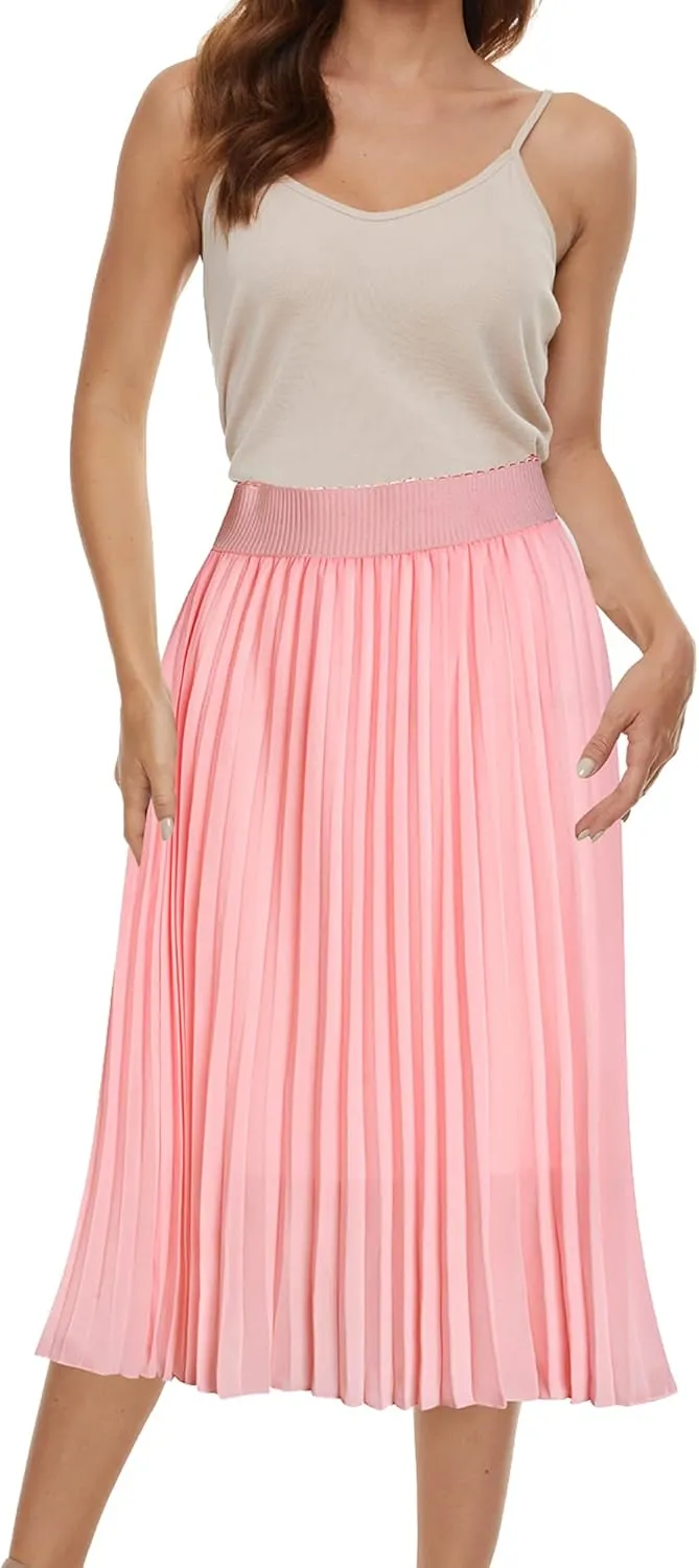 Womens Chiffon High Waist Skirt Pleated A-Line Swing Elastic Shirring Midi Length